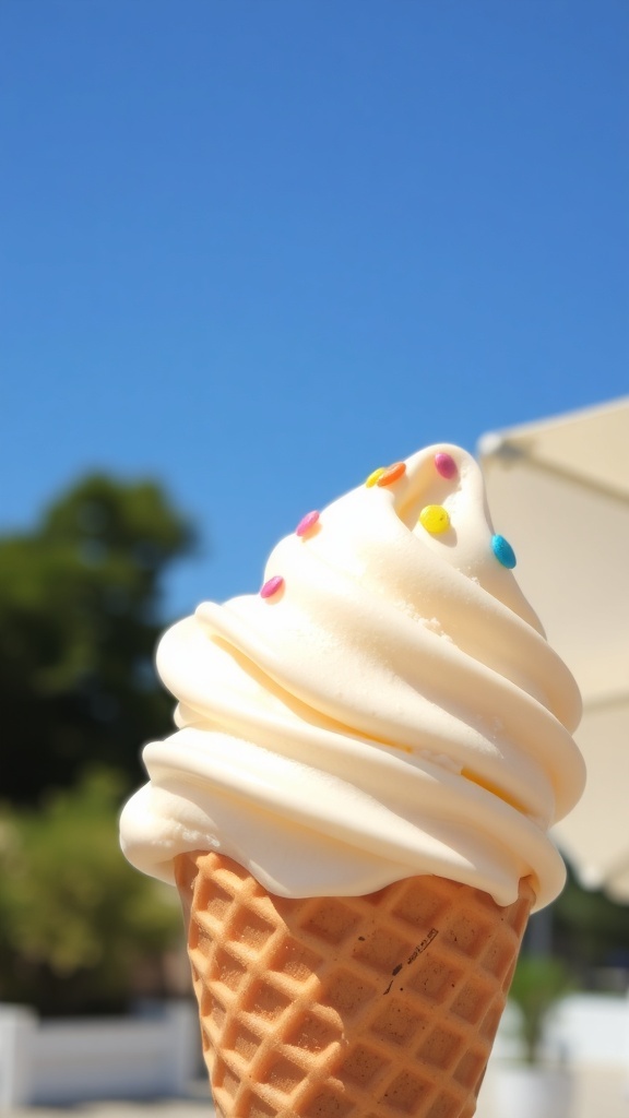 A scoop of vanilla ice cream in a waffle cone with colorful sprinkles, against a sunny background.
